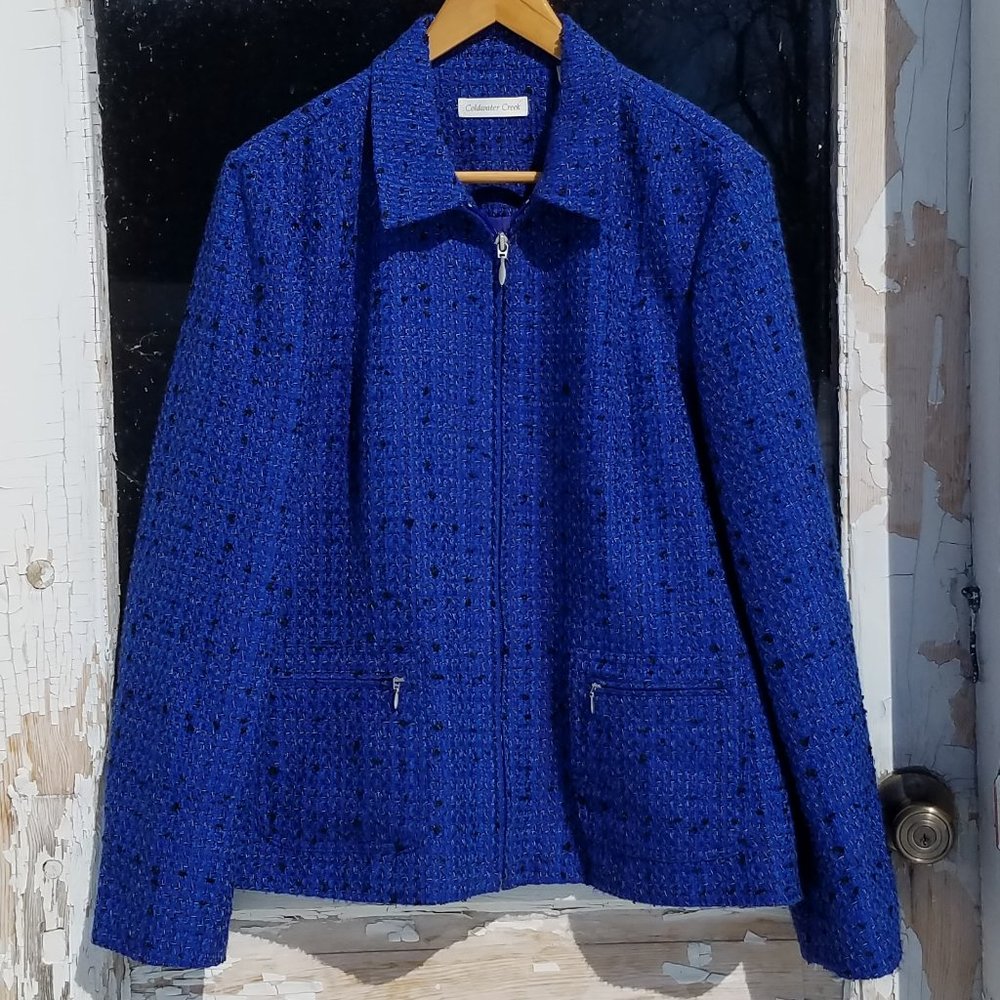 Coldwater Creek Blue/Black Zip Front Tweed Jacket/Blazer